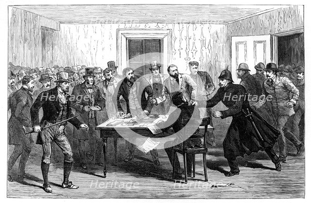 Police raid on the National Rent Offices at Loughrea, Ireland, 1887. Artist: Unknown