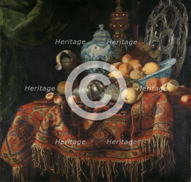 Still Life with Fruit, Plates and Dishes on a Turkish Carpet, 1650-1680. Creator: Simon Luttichuys.