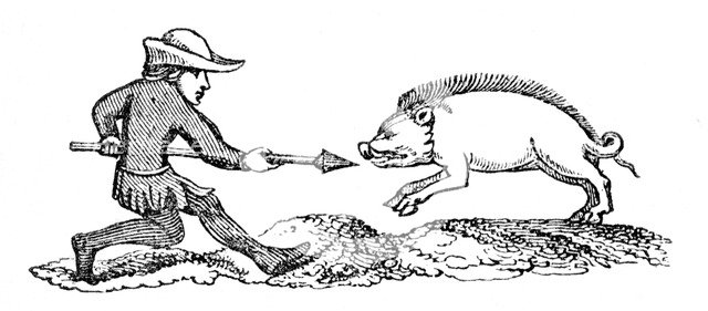 Spearing a Boar, 14th century, (1833). Artist: Unknown