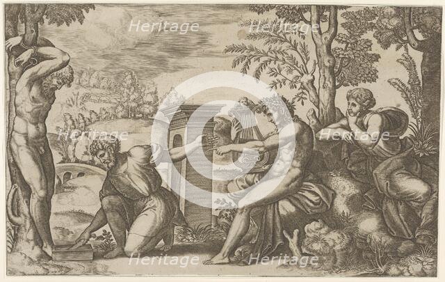 Apollo seated at the right with a lyre, pointing to a kneeling man who is about to flay..., 1530-60. Creator: Master of the Die.