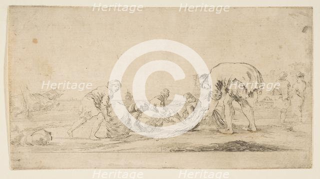 A fisherman bringing in his nets, a man at left pushing a bale to the right, two seate..., ca. 1662. Creator: Stefano della Bella.
