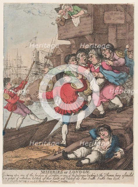 Miseries of London: Entering upon any of the bridges of London or any of the pass..., July 14, 1807. Creator: Thomas Rowlandson.