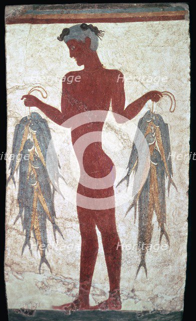 Minoan fresco showing a boy with fishes, 20th century. Artist: Unknown