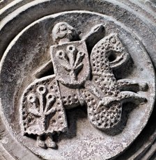 The Coat of arms of Cardona family, a capital in the cloister of the Monastery of Santa Maria de …