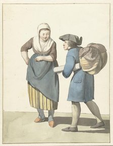 Fabric seller negotiating with a woman, 1700-1800. Creator: W. Barthautz.