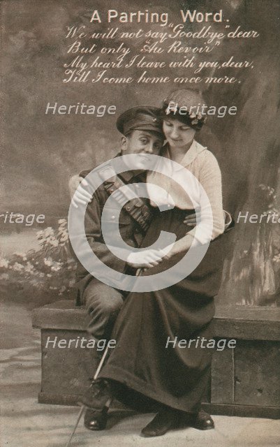 'A Parting Word', romantic postcard featuring a soldier and his sweetheart. Artist: Unknown