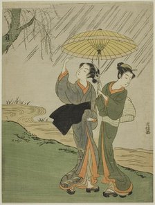 Two Young Girls in a Rain Shower, Japan, c. 1764/72. Creator: Mitsunobu.
