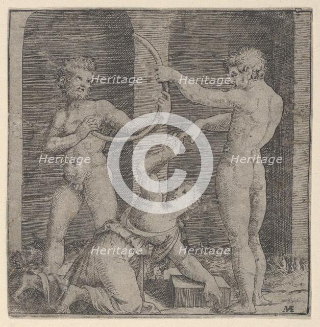 A woman kneeling at centre reaching up with her right hand to place a ring on the f..., ca. 1510-27. Creator: Marcantonio Raimondi.