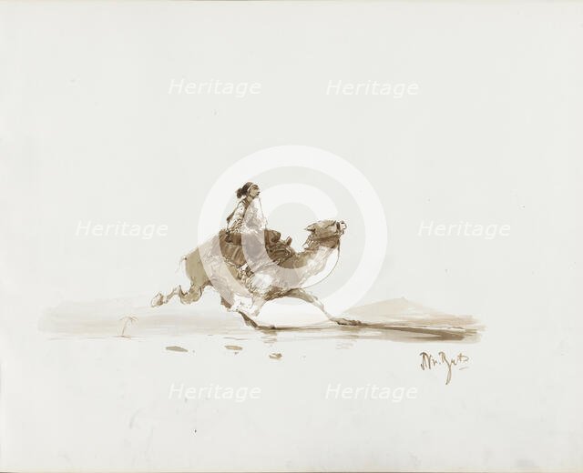 Man on a running camel in a desert landscape, 1830-1860. Creator: Albertus van Beest.