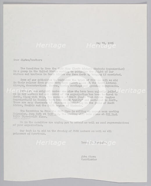 Letter discussing the activities of the Commitee to Free the SASO 9, May 28, 1976. Creator: John Akpan.