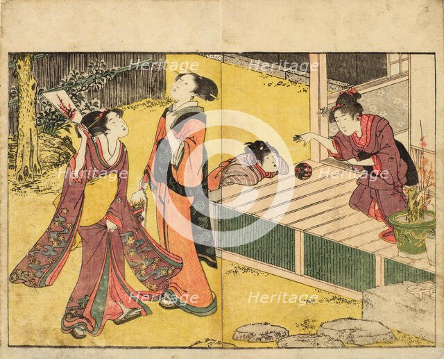 Girls Playing New Year Games. From the Picture Book of Flowers of the Four Seasons (Ehon..., 1801. Creator: Utamaro, Kitagawa (1753-1806).
