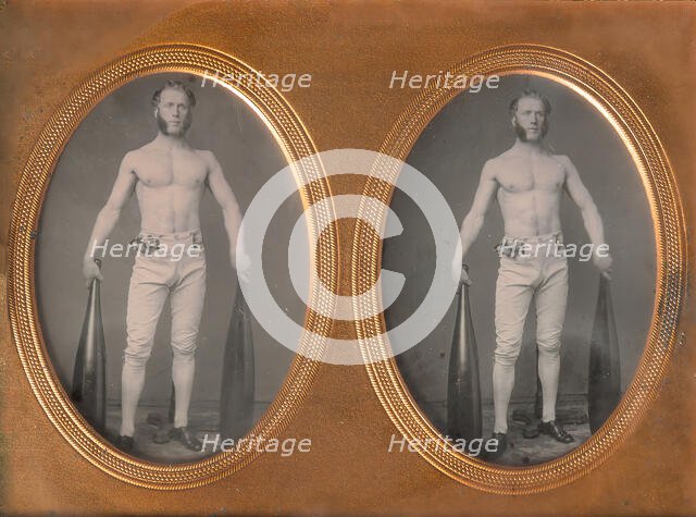 Stereoscopic Case, Partially Nude Strongman Holding Indian Clubs, 1853-60s. Creator: Unknown.