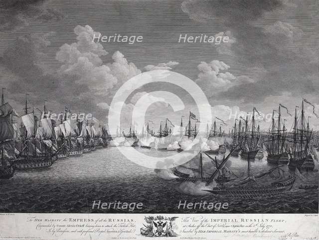 Russian and Turkish fleet before the Battle of Chesma on July 5, 1770.