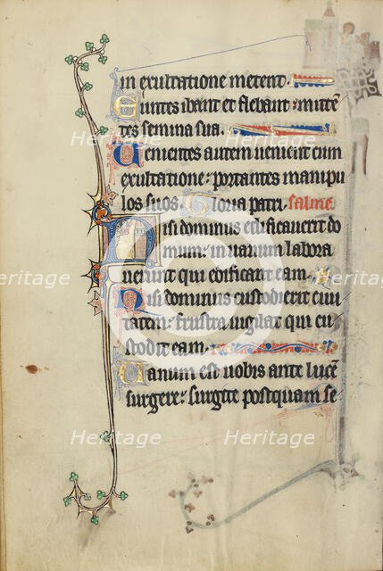 Initial N: God in the Clouds before a Tower; Ruskin Hours, about 1300. Creator: Unknown.