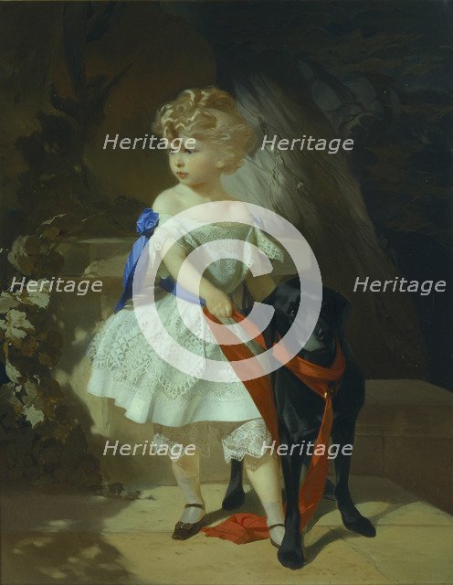 Girl with Dog, 1860s. Artist: Makarov, Ivan Kosmich (1822-1897)