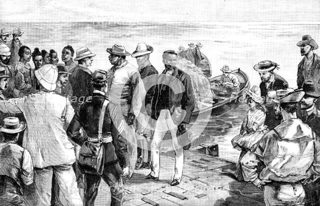 Landing of Dinizulu, the exiled Zulu Prince, at St. Helena, 1890. Creator: P Naumann.