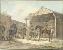Distributing hay to the Gardes d'Honneur (Guards of Honour), 1813, (1815).  Creator: Abraham Vinkeles.