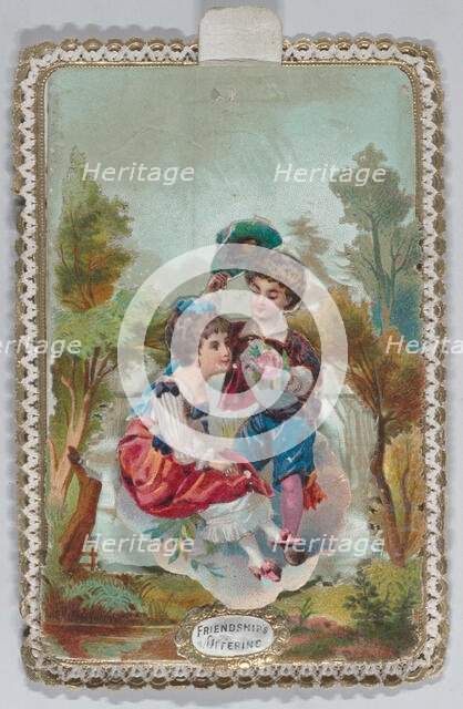 Valentine - Mechanical scene, couple riding in a coach drawn by goats., ca. 1875. Creator: Anon.