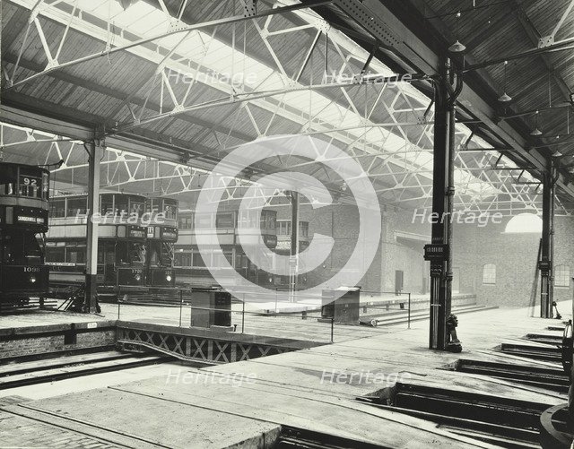 Camberwell Car Shed and trams, London, 1914. Artist: Unknown.