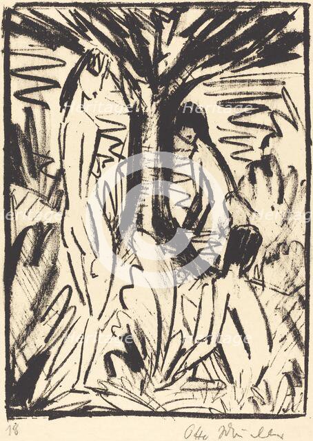Standing, Sitting, and Bathing Girls near a Tree (Stehende, sitzendes und badendes...), 1920/1921. Creator: Otto Mueller.