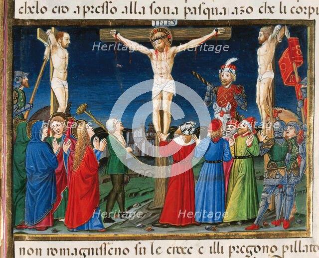 After speaking with Mary, Jesus dies while the sun eclipses, Italian miniature, 1476.  Creator: Cristoforo De Predis.