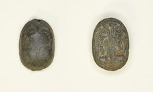 Scaraboid: Face Motif on Top; Two Figures Holding Flower on Base, Egypt, Second Intermediate... Creator: Unknown.