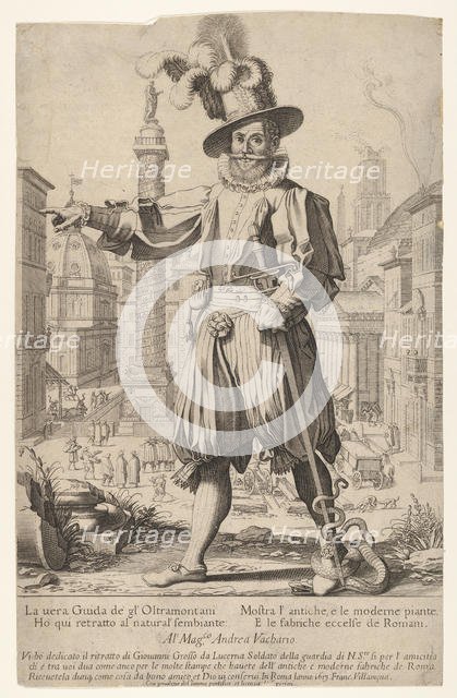 Giovanni Alto (Johann Alten, Ioannes Altus) standing on the Quirinal Hill in Rome, with hi..., 1613. Creator: Francesco Villamena.