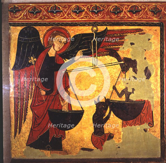 Saint Michael weighing souls and demon trying to appropriate them. Painting on wood, board from a…