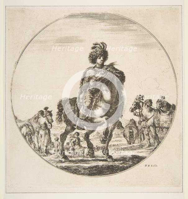 Polish horseman facing right, a circular composition, from 'Figures on Horseback' (Cav..., ca. 1651. Creator: Stefano della Bella.