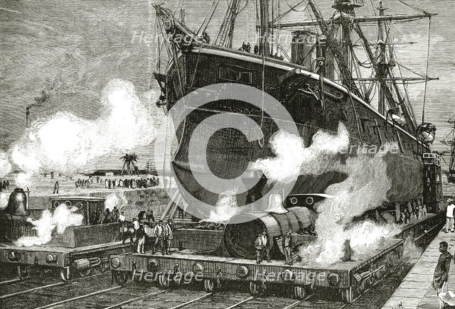 Railway towing a boat across the Isthmus of Panama, engraving 1881.