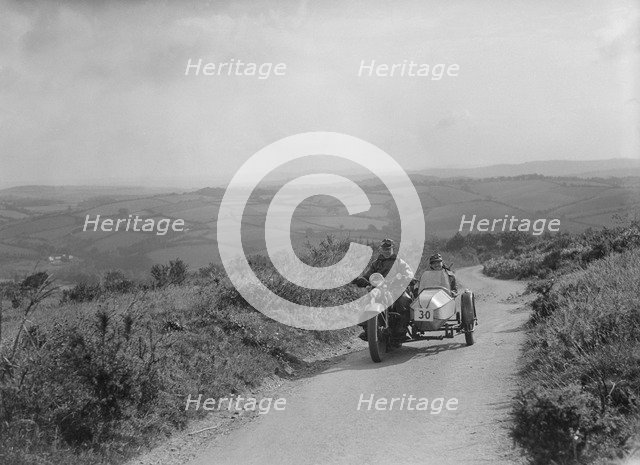 Harley-Davidson and sidecar of RW Praill competing in the MCC Torquay Rally, 1938. Artist: Bill Brunell.