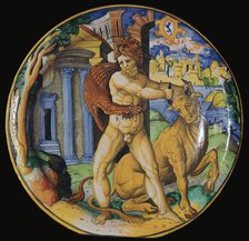 Italian earthenware plate with an image of Hercules and the Cretan bull, 16th century Artist: Unknown