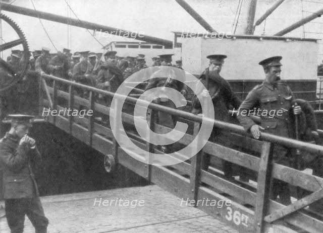 British troops disembarking in France, 7 August 1914. Artist: Unknown