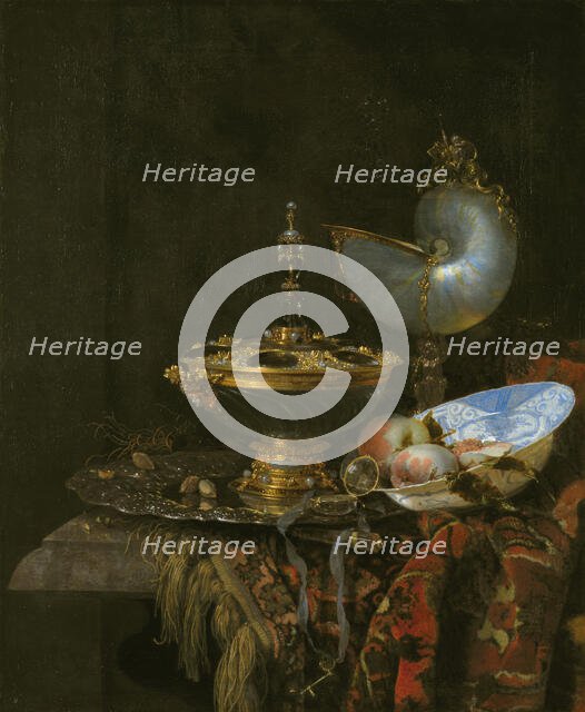 Pronk Still Life with Holbein Bowl, Nautilus Cup, Glass Goblet and Fruit Dish, 1678. Creator: Willem Kalf.