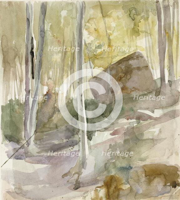 Forest interior, large stone, c1890s. Creator: Albert Edelfelt.