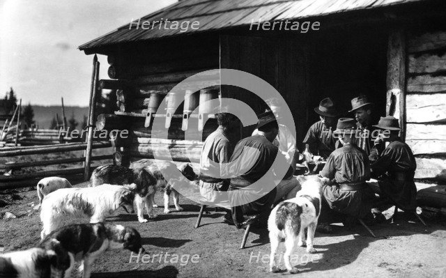 Shepherds taking a break for lunch, Bistrita Valley, Moldavia, north-east Romania, c1920-c1945. Artist: Adolph Chevalier