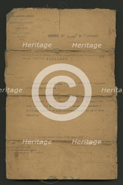 Order of Commendation from the Commander of the French Armies of the East, March 19, 1919. Creator: Unknown.