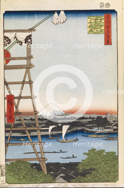 Ekoin Temple in Ryogoku and Moto-Yanagi Bridge (One Hundred Famous Views of Edo), 1856-1858. Artist: Hiroshige, Utagawa (1797-1858)