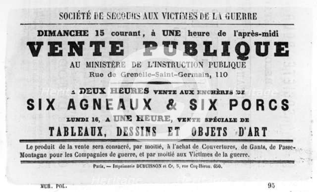 Vente Publique, from French Political posters of the Paris Commune,  May 1871. Artist: Unknown