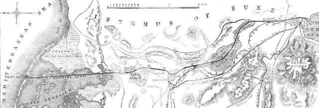 The Isthmus of Suez Maritime Canal: plan of the canal, with the small fresh-water canal, 1869. Creator: Unknown.