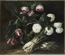 Vase of Flowers and two Bunch of Asparagus, c. 1650.