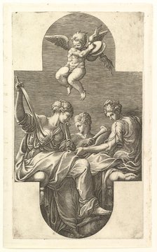 Three Muses and a Putto with Cymbals, a cruciform composition, from a series of eight com..., 1560s. Creator: Giorgio Ghisi.