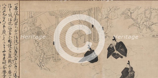 Courtiers visit Sugawara no Michizane’s mortuary temple..., ca. 1300. Creator: Unknown.