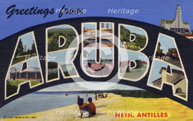 'Greetings from Aruba, Netherlands Antilles, postcard, 1950. Artist: Unknown