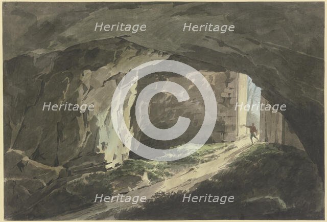 A painter walks with his drawing board into a rock cave that can be closed off by a massive gate. Creator: Jean Grandjean.