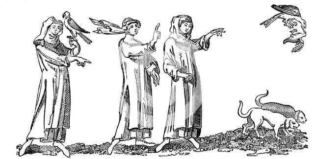 Ladies Hawking, 14th century, (1833). Artist: Unknown