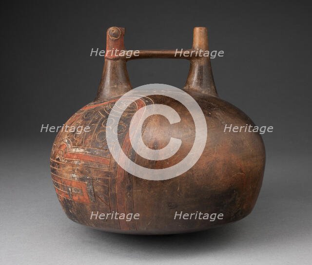 Double Spout Vessel with Incised and Painted Abstract Feline Head, 650/150 B.C. Creator: Unknown.