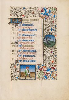 October Calendar Page: Sowing: Scorpio; Book of Hours, about 1440-1450. Creator: Workshop of the Bedford Master.