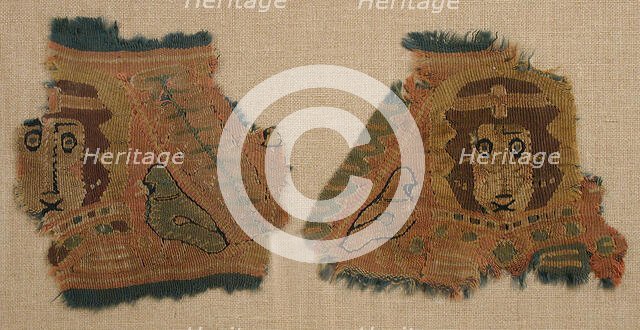 Two Fragments with Human Faces and Birds, Coptic, 5th century. Creator: Unknown.