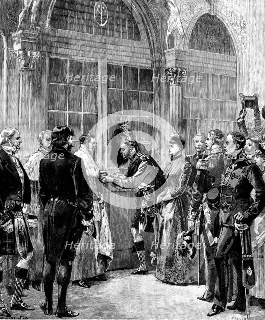 Opening of the Edinburgh Exhibition: the Duke of Edinburgh unlocking the door, 1890. Creator: R. Taylor.